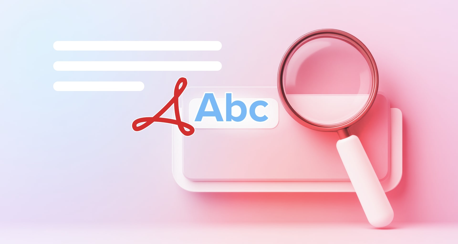 Magnifying glass over PDF text, highlighting easy document search and editing.