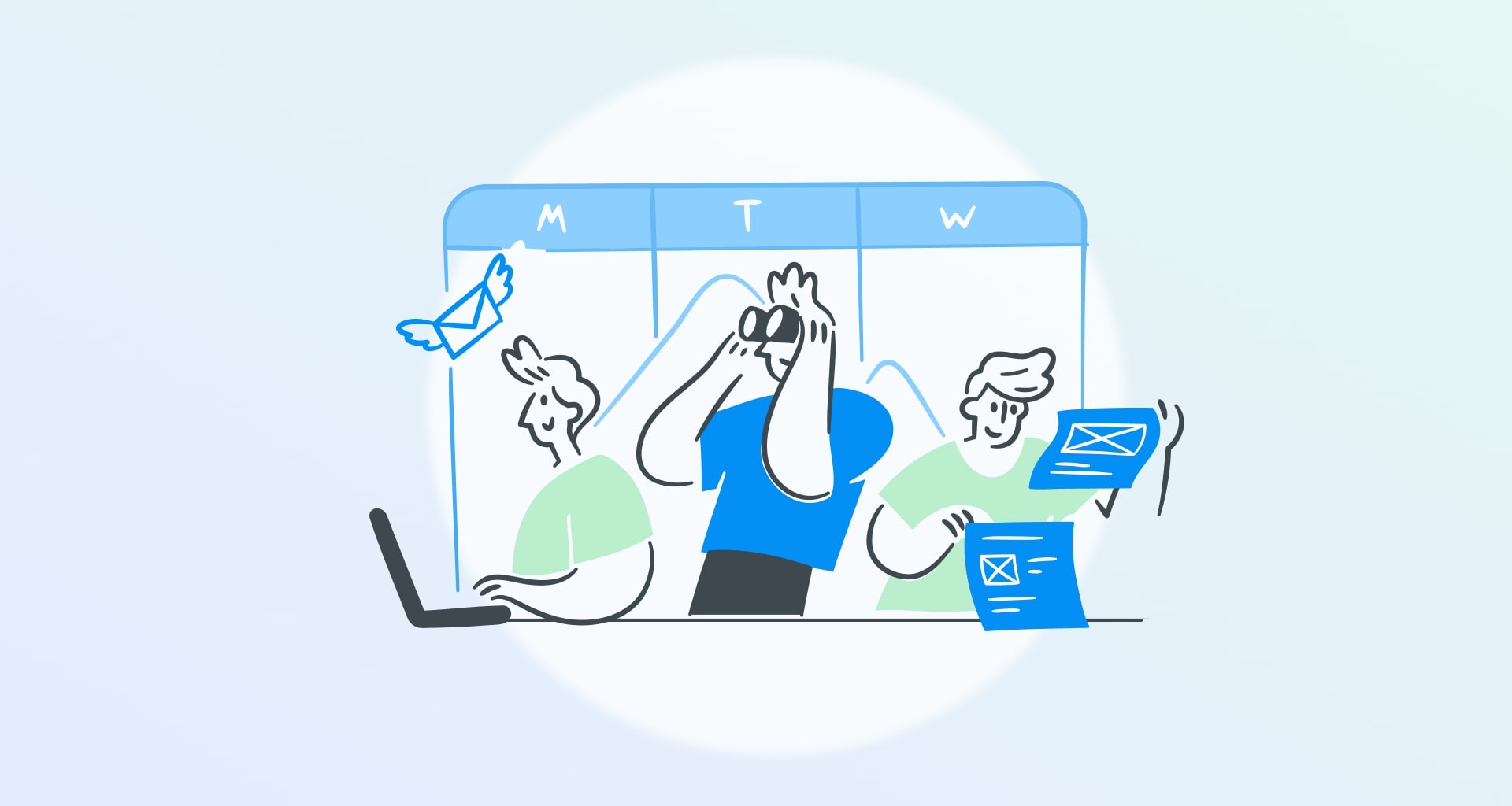 Illustration of stressed team working with weekly calendar showing Monday through Wednesday tasks.