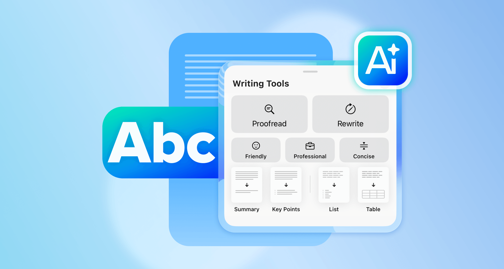 Illustration of AI writing tools with options for proofreading, rewriting, summarizing, and formatting text alongside a document and AI icons