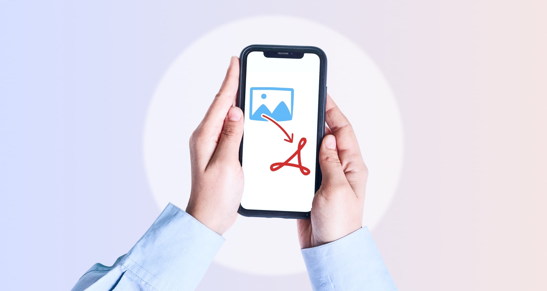 Image of a person's hands holding a smartphone displaying an image being converted to a PDF file.