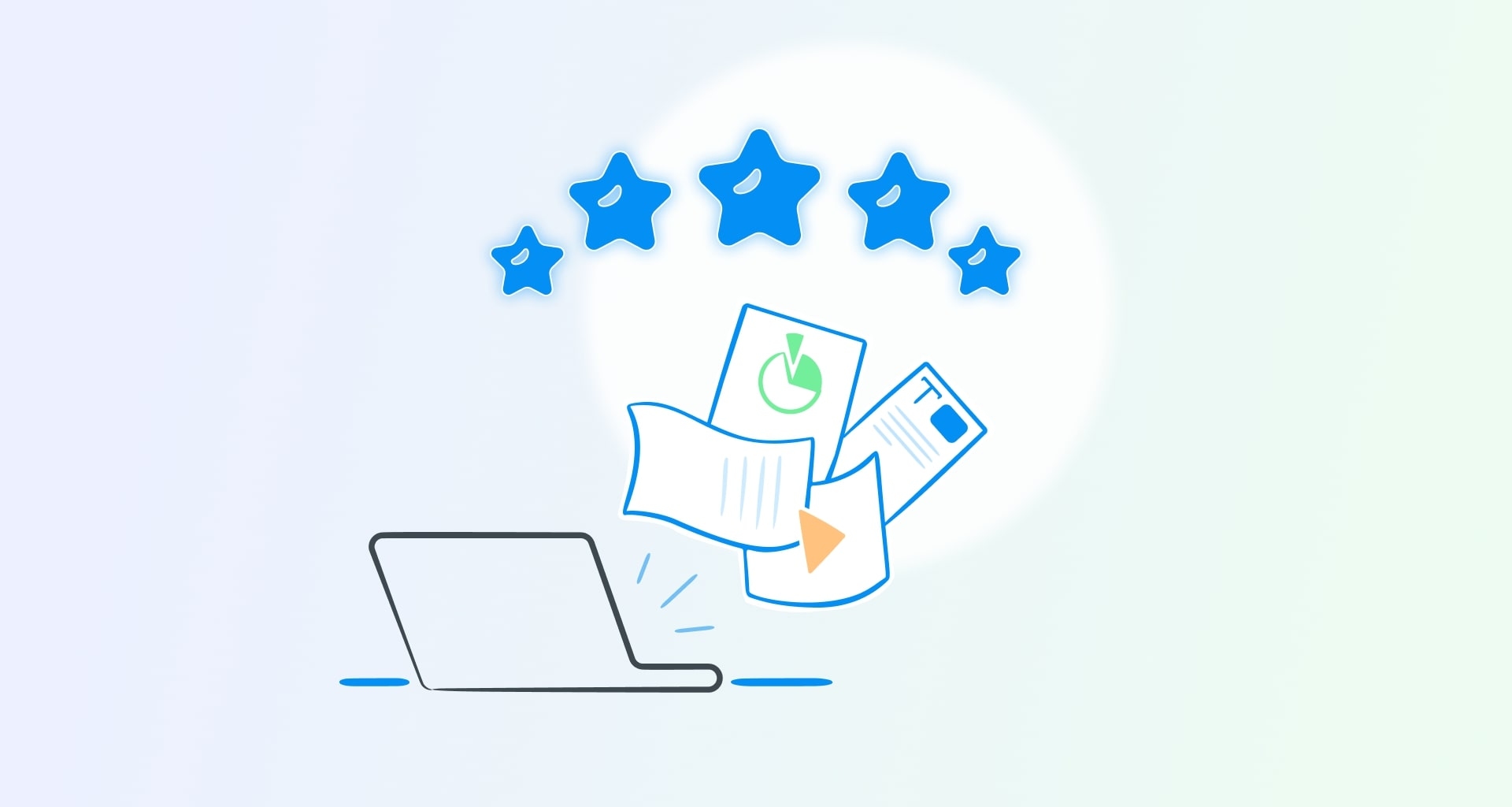 Illustrated laptop with floating documents and charts beneath five blue stars on light blue background representing online reviews and digital content quality ratings.