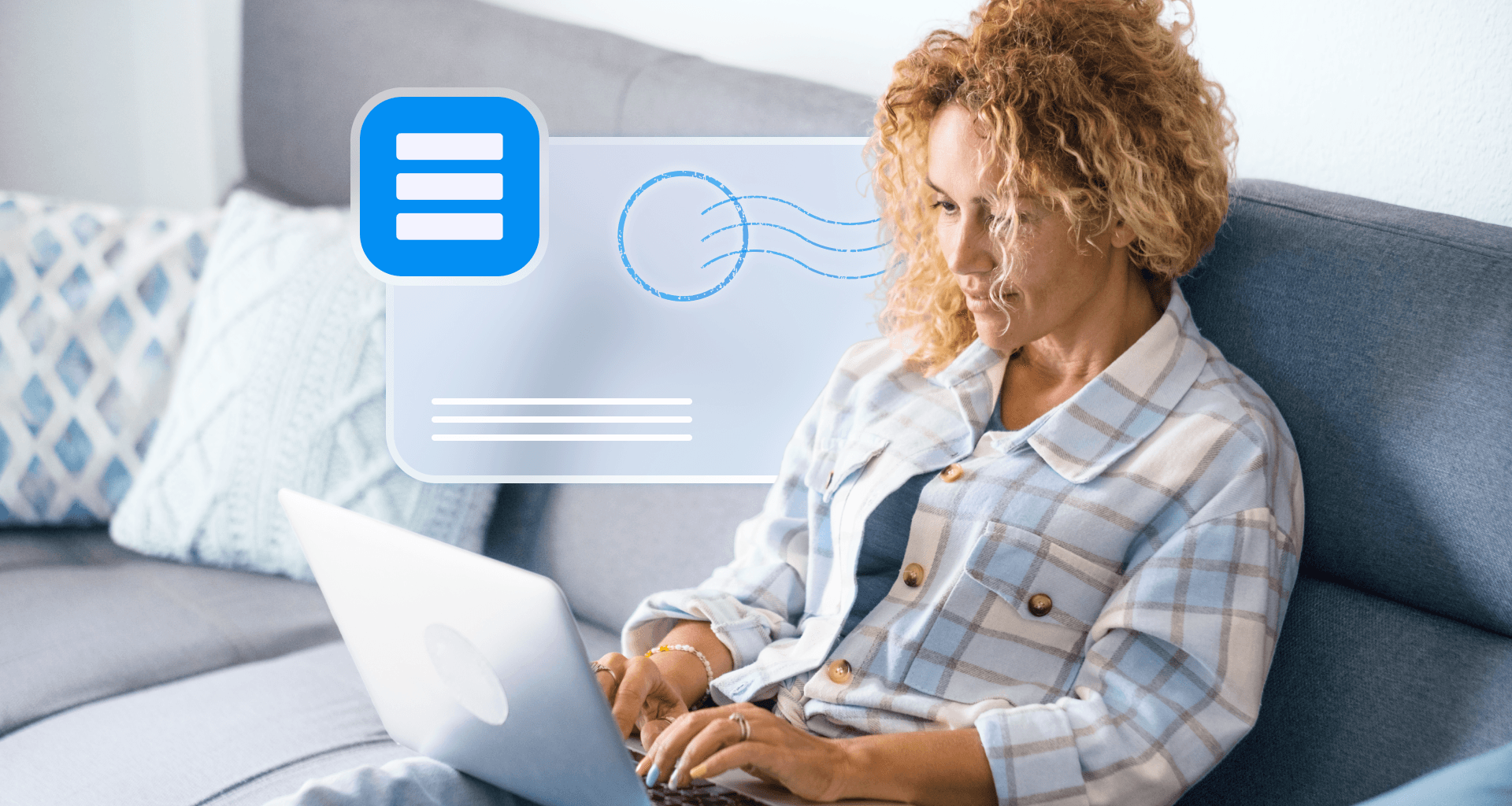 A woman typing on a laptop with a digital letter template illustration, representing writing a letter.