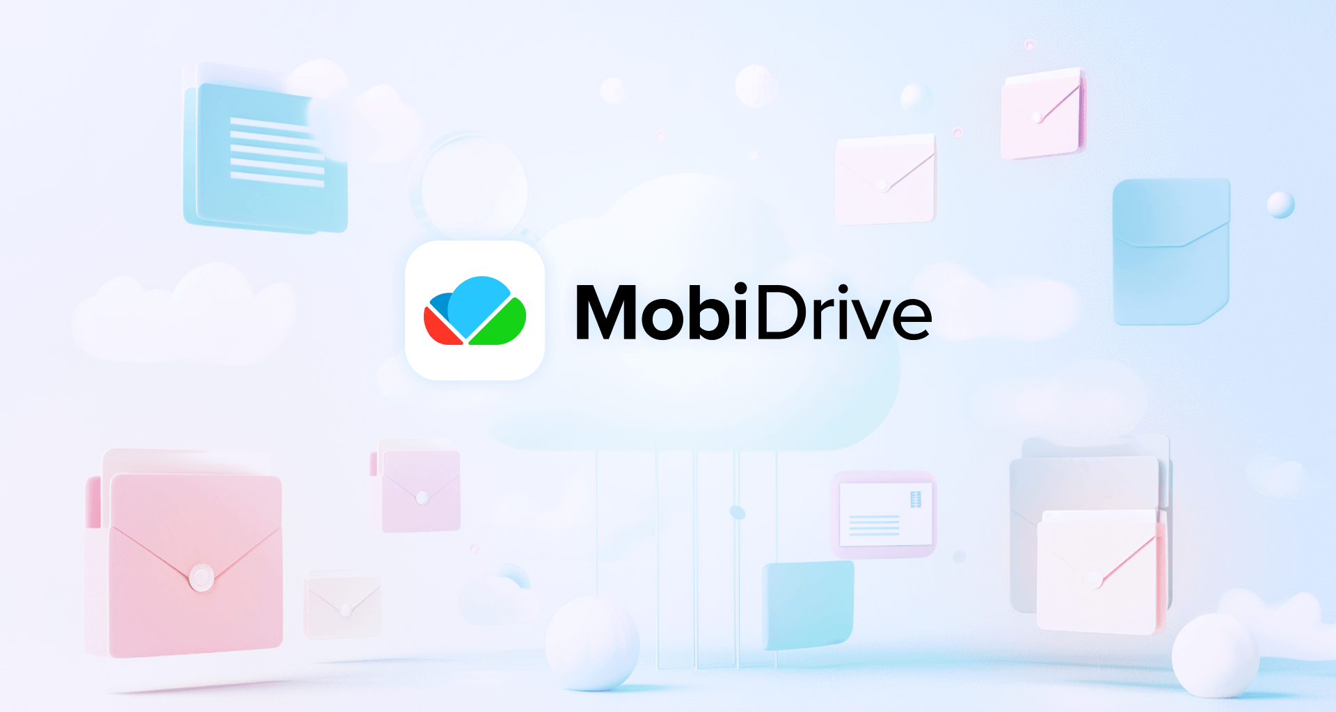 Cloud storage concept with MobiDrive logo and floating file Icons.