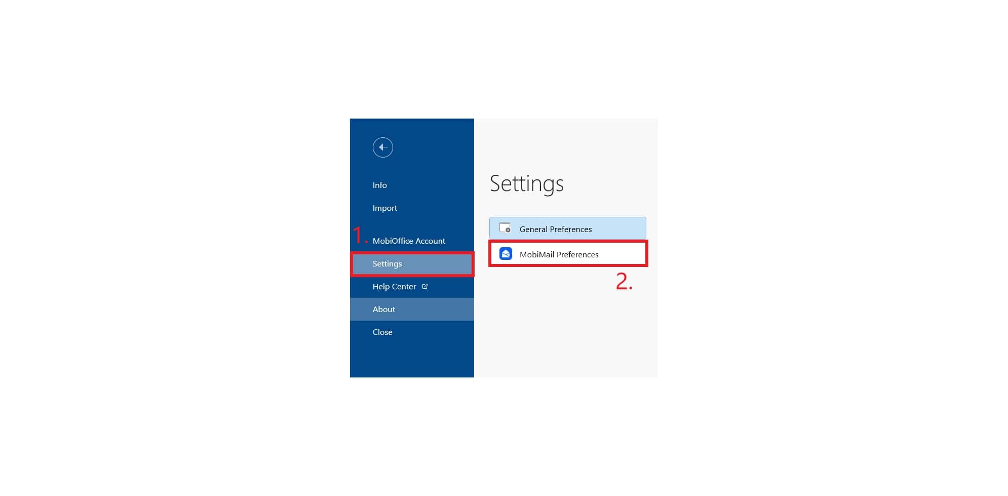 MobiOffice Settings menu showing navigation path to "MobiMail Preferences" with numbered steps highlighted in red.