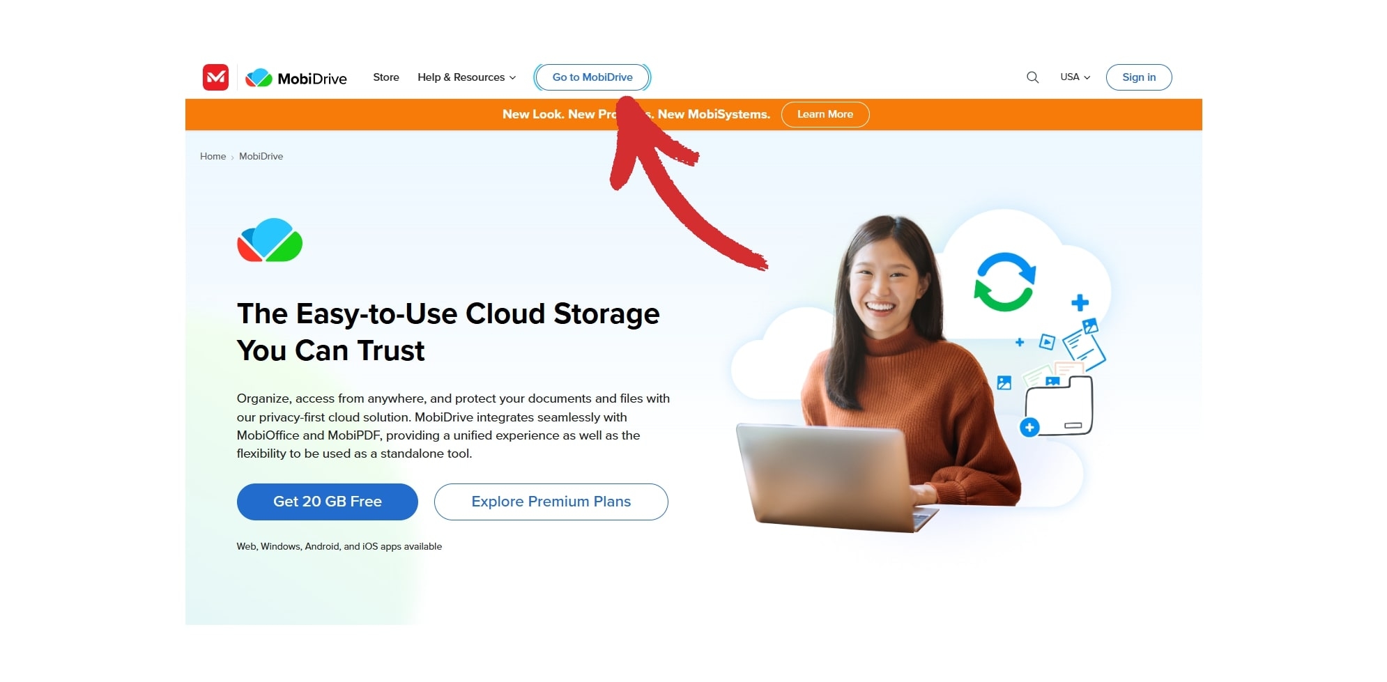 MobiDrive webpage showcasing a cloud storage service with an arrow directing users to "Go to MobiDrive" link in the navigation menu.