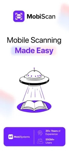 MobiScan mobile app interface featuring the app's logo, illustration of a book being scanned by a UFO, and company credentials showing its experience and number of active users.