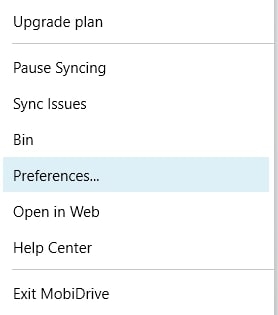MobiDrive context menu options, including "Upgrade plan," "Pause Syncing," "Sync Issues," "Preferences," and more.