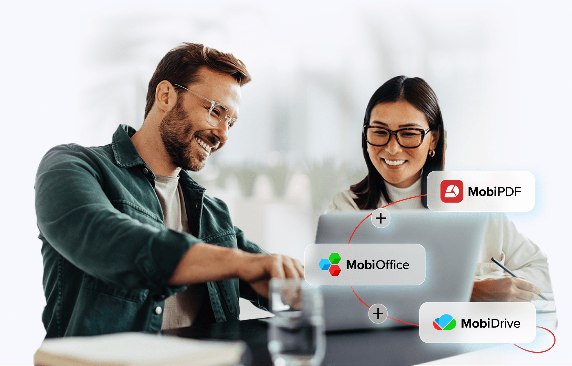 Two people smiling and working on a laptop in a bright, modern office setting. Overlays display "MobiOffice," "MobiPDF," and "MobiDrive" in a flowchart format, connected by red lines.