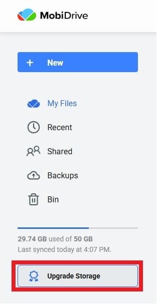 MobiDrive interface displaying navigation options like "My Files," "Recent," and "Shared," along with storage usage information and an "Upgrade Storage" button highlighted at the bottom.