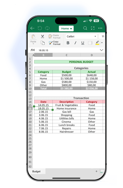 A smartphone displays a spreadsheet app showing a "PERSONAL BUDGET" chart with columns for "Category," "Budget," "Actual," and a "Transaction" table listing dates, descriptions, and categories.