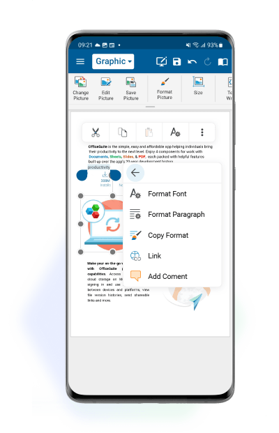 A smartphone displays a graphic editing app, showing a toolbar and a document with editing options like "Format Font" and "Add Comment." The app provides tools for document customization.