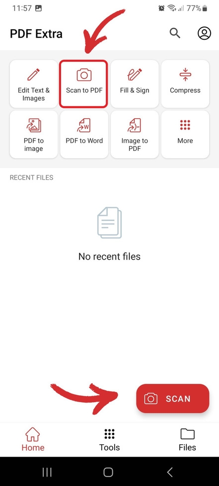 On Android, tap "Scan" > "Scan to PDF" to get started.