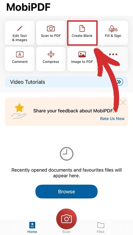 Create your very own PDF on iPhone by tapping "Create Blank" within MobiPDF.