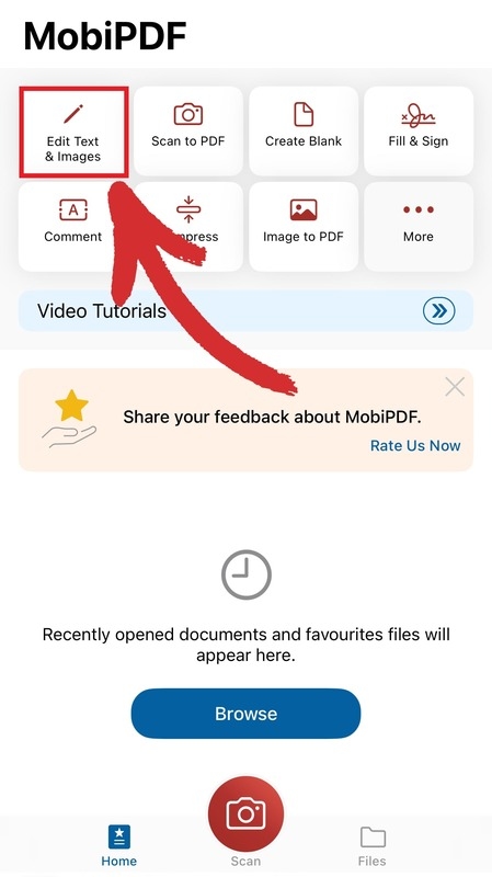 To insert an image into a PDF, tap "Edit Text & Images" within MobiPDF.