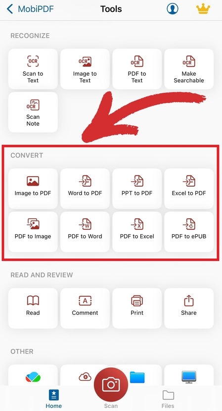 Choose whether to convert images, Word files, or other file formats to PDF.