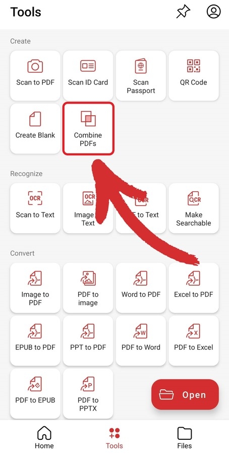 Tap "Combine PDFs" to merge any number of PDFs into one.