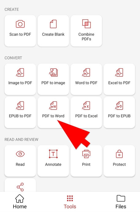 Tap "PDF to Word" to turn any PDF into the popular DOCX format.