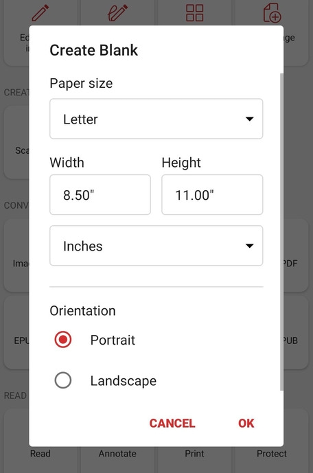 You can choose your new PDF"s orientation, as well as set custom width and height.