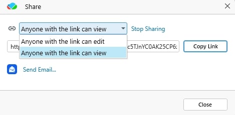 MobiDrive share dialog showing a dropdown menu with sharing permission options: 'Anyone with the link can view' and 'Anyone with the link can edit'.