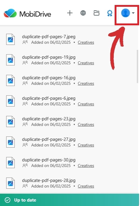 MobiDrive application interface displaying a list of JPEG files added on specific dates, with an arrow pointing to the user icon for account-related options.