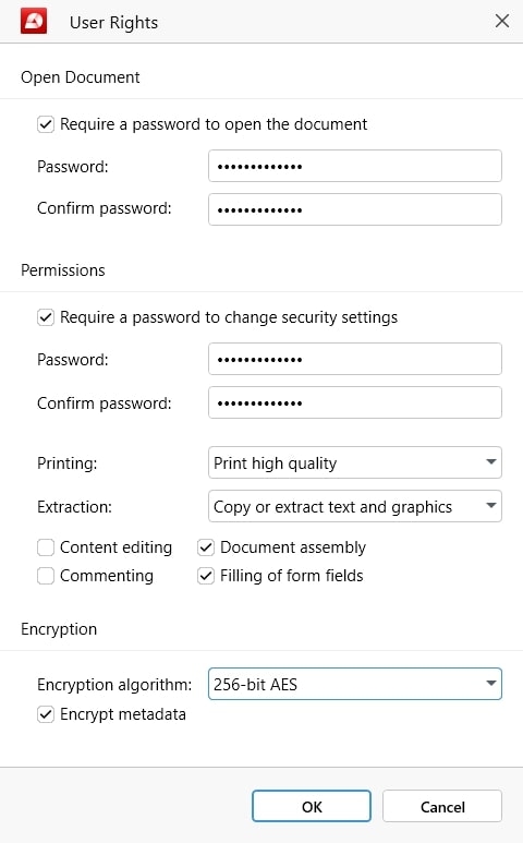 In MobiPDF, there are various security settings you can alter from the "User Rights" menu.