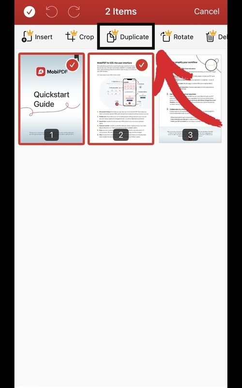 MobiPDF for iOS app interface showing three pages with checkmarks, with options to "Insert," "Crop," "Duplicate," "Rotate," and "Delete", with "Duplicate" highlighted by a red arrow.