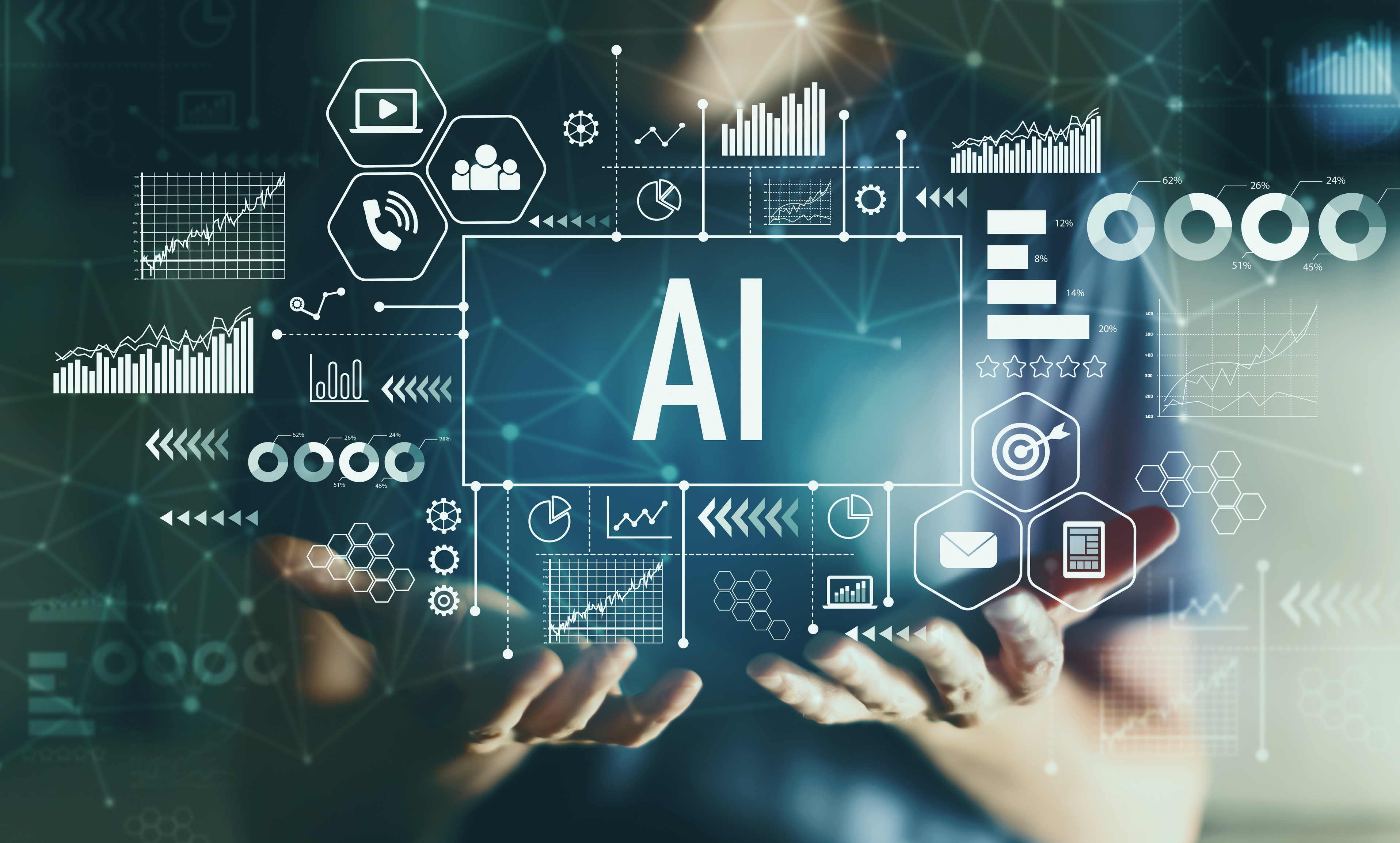 AI concept visualization with hands presenting digital analytics dashboard featuring data charts, metrics, and business intelligence icons on dark network background.