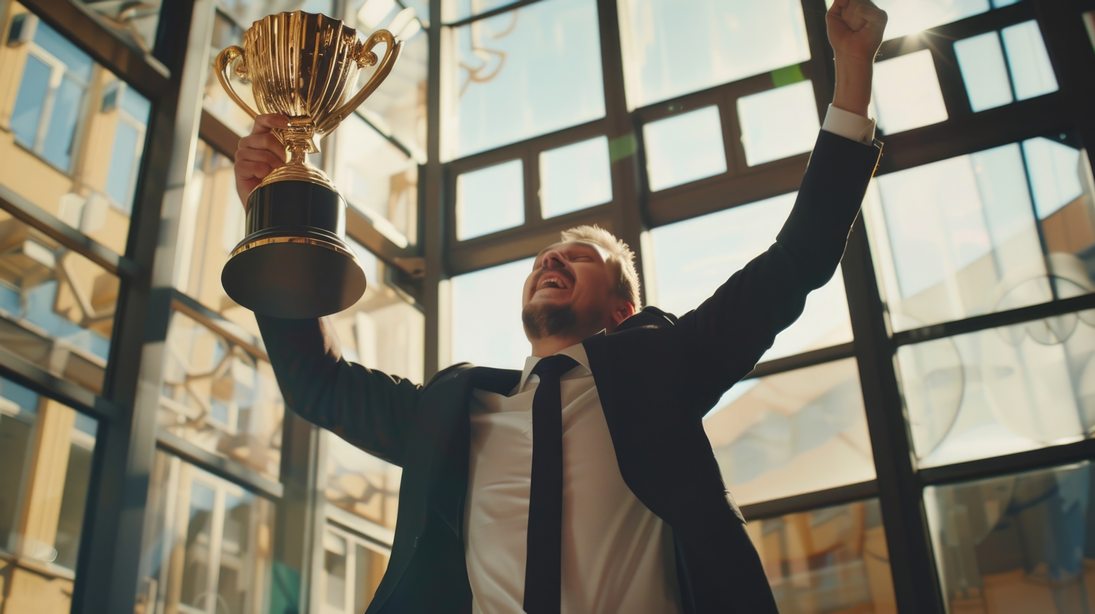 Businessman in suit celebrating victory with raised gold trophy and arm in modern office with large glass windows.