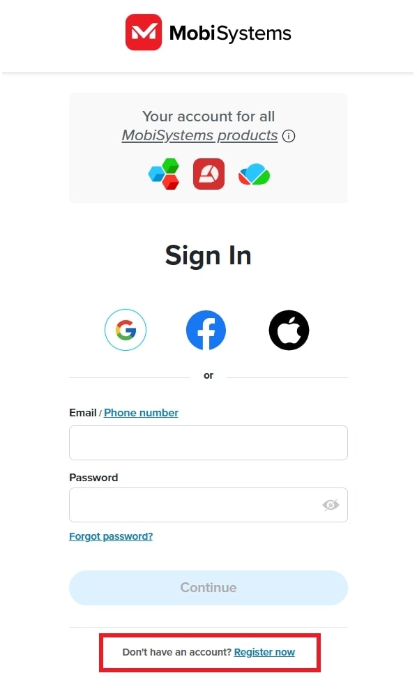 MobiSystems sign-in page offering login options via Google, Facebook, or Apple, and providing an email and password login form with a link to register a new account.