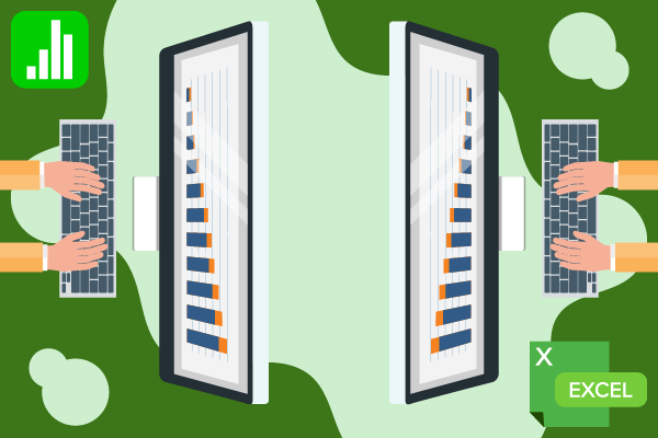 A green stylized graphic of two monitors facing one another, with the MobiSheets logo on the left top corner and the Excel logo to the right bottom.