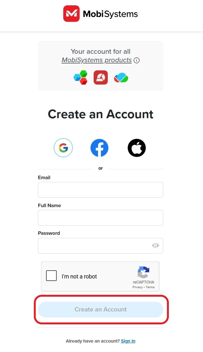 MobiSystems account registration page prompting users to enter their email, full name, and password alongside social media signup options, captcha verification, and "Create an Account" button.