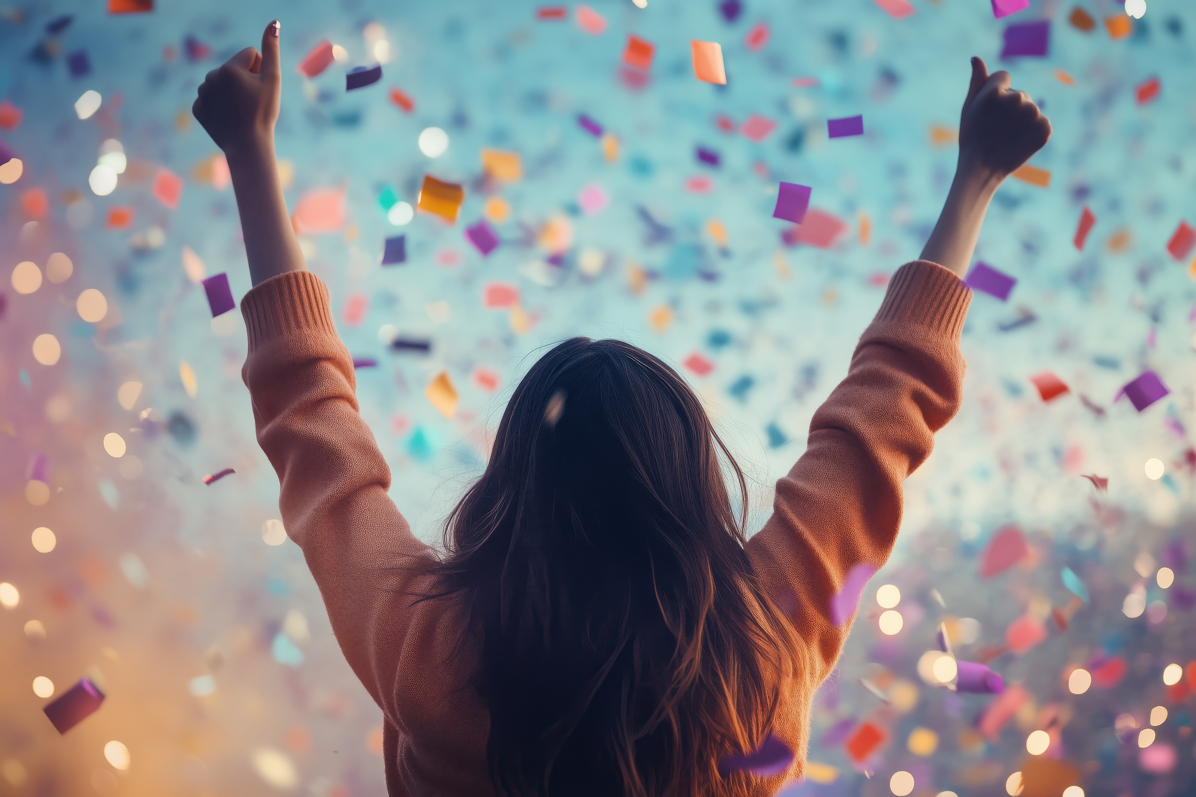 Person with raised arms celebrating success under colorful confetti against blue sky background.