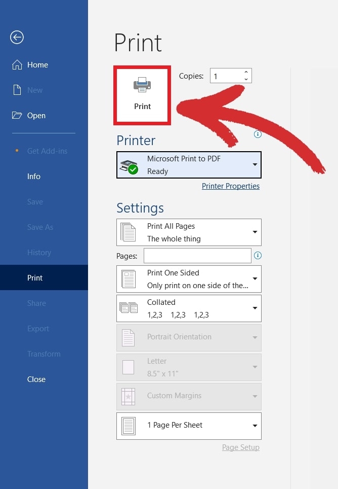 Click "Print" to save your DOCX as a PDF.