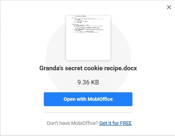 MobiOffice prompt displaying an invitation to open a document file named "Granda's secret cookie recipe.docx".