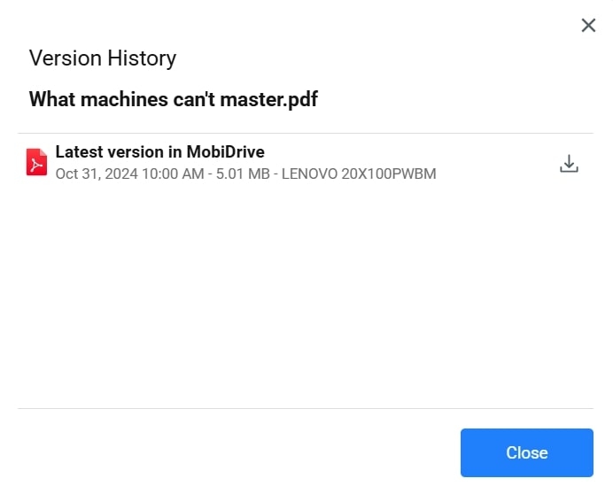MobiDrive "Version History" window for "What machines can't master.pdf," displaying details of the latest version with size, date, time, and device information.