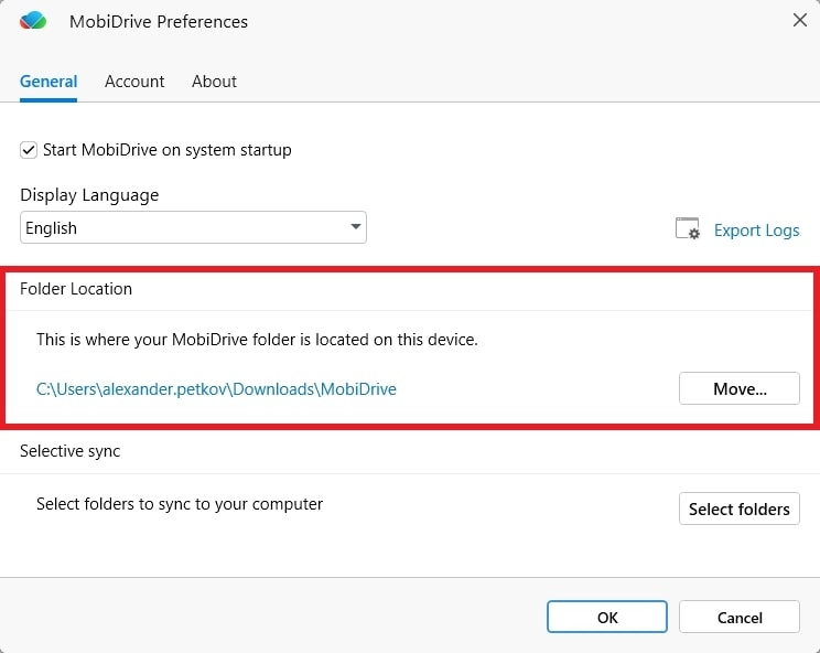 MobiDrive Preferences window under "General" tab, highlighting the "Folder Location" section where users can change the location of their MobiDrive folder.