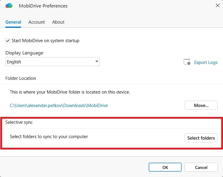 MobiDrive Preferences screen in the "General" tab, emphasizing the "Selective sync" section with an option to select folders to sync to the computer.