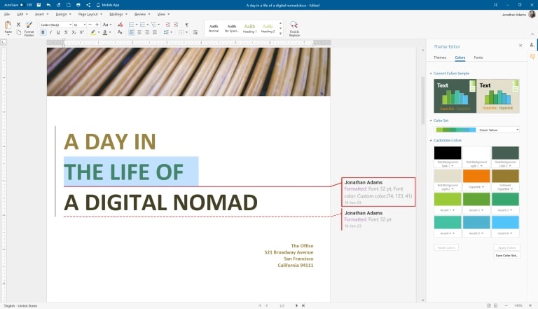 MobiOffice's editing interface showing theme customization and font formatting options.