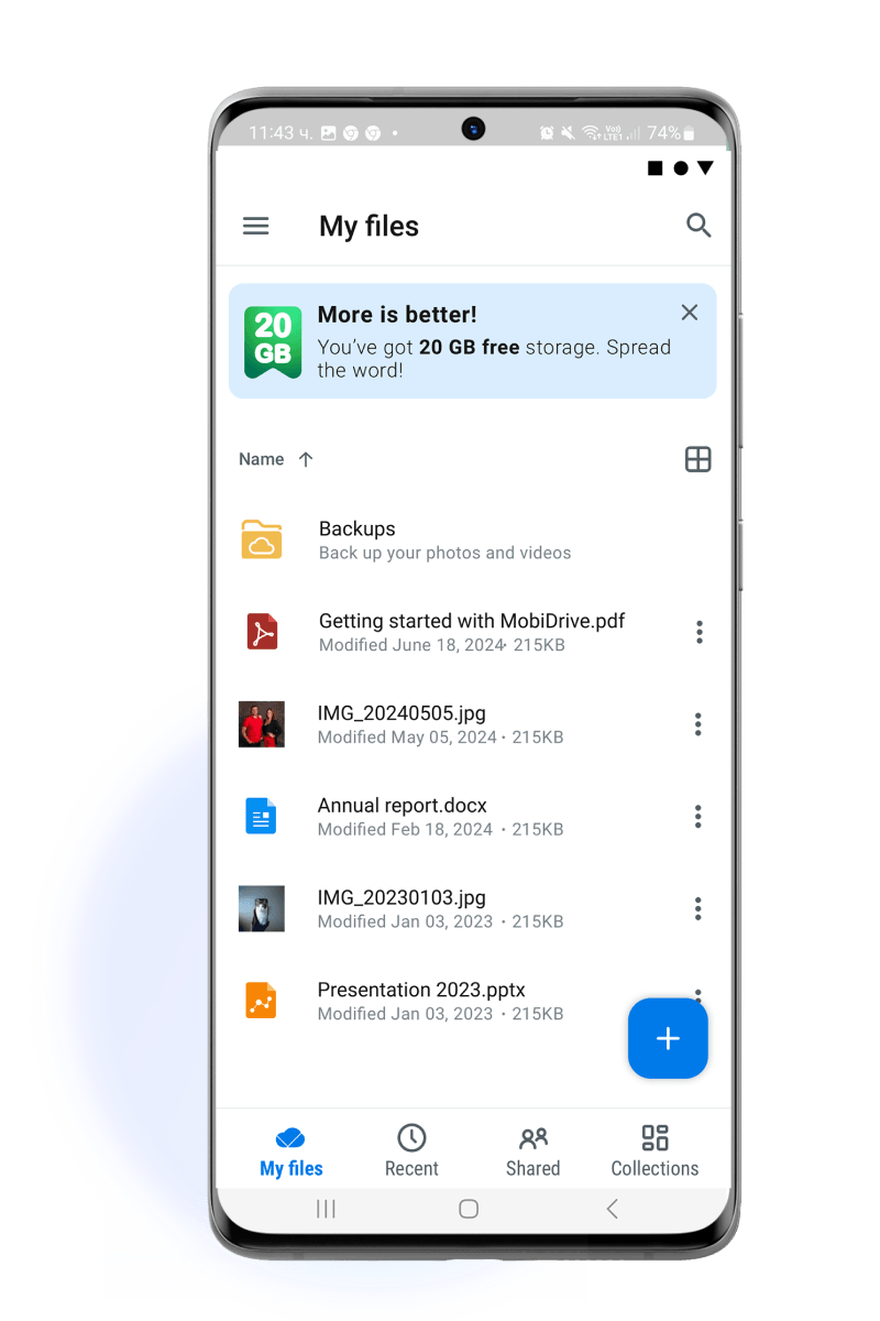 Smartphone screen displays a file management app showing various files (Backups, PDFs, images, documents) with modification dates and sizes. A banner offers "20 GB free storage." Menu includes My files, Recent, Shared, Collections.