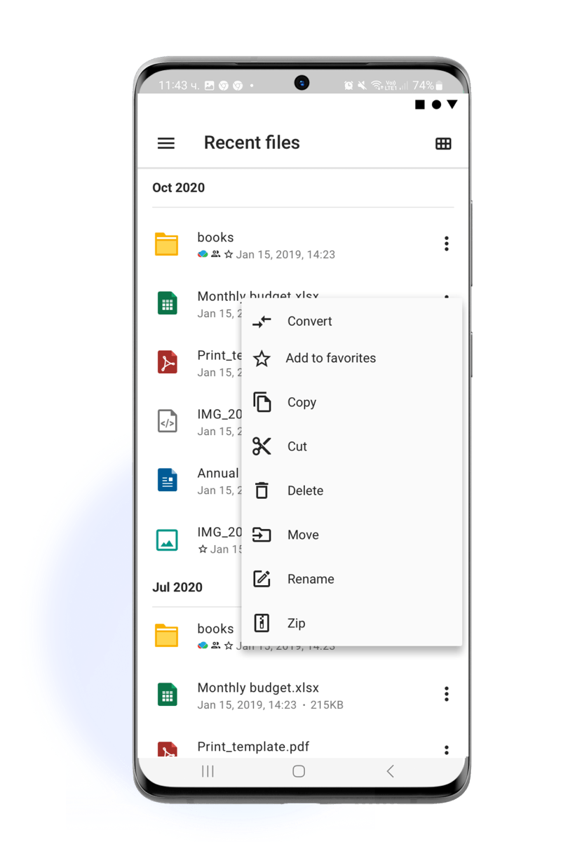 A smartphone screen displays a file manager app, showing recent files like documents and images. An options menu offers actions: Convert, Add to favorites, Copy, Cut, Delete, Move, Rename, Zip.