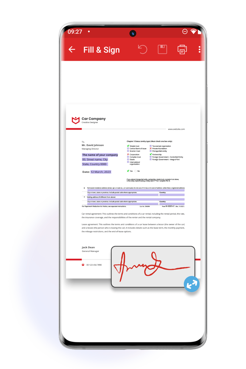 Smartphone displays a digital document being filled and signed, showing a letter from "Car Company" with a mock signature. Buttons for editing and saving appear at the top.