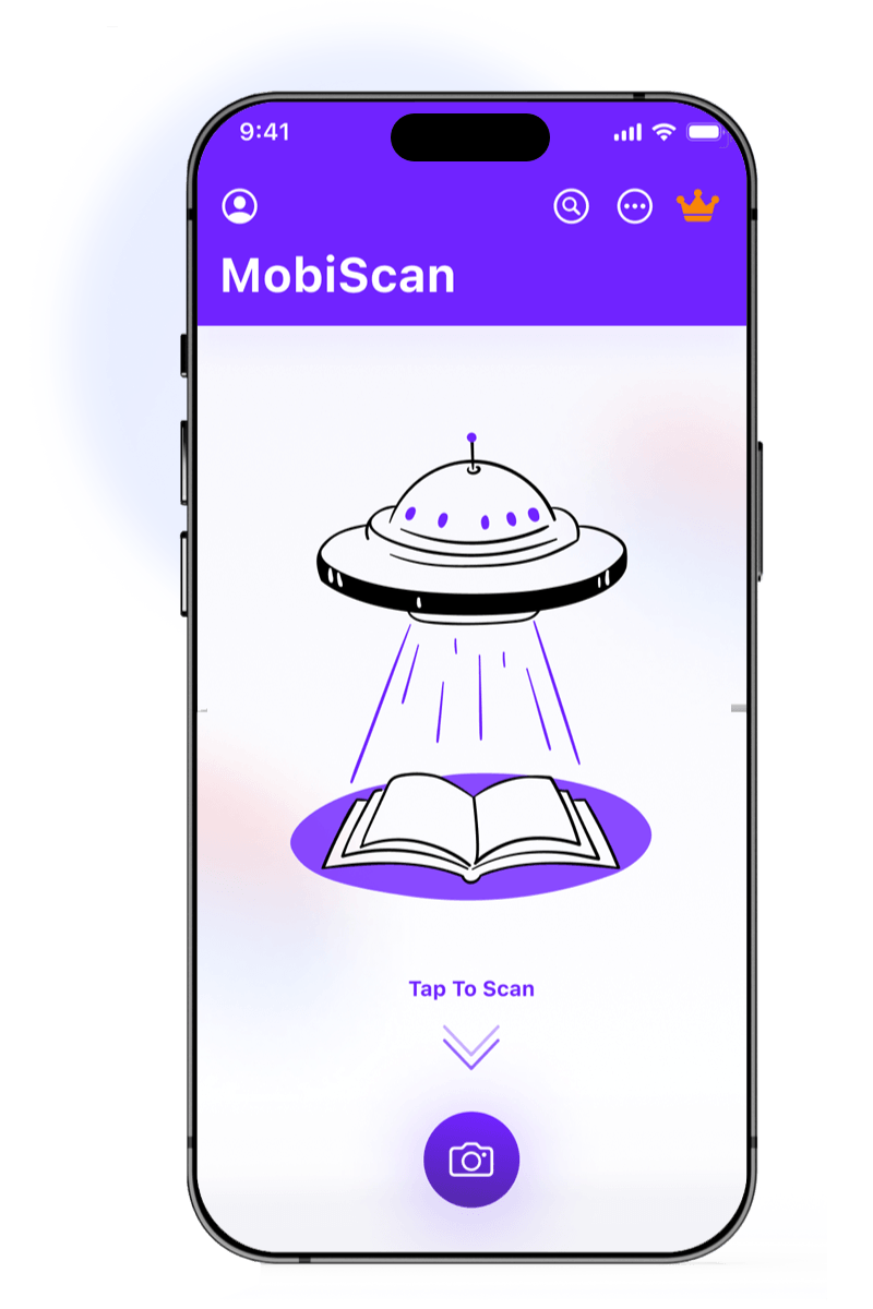 A smartphone displays an app called "MobiScan," featuring a UFO beaming light onto an open book. Text below reads “Tap To Scan,” with a camera icon beneath.