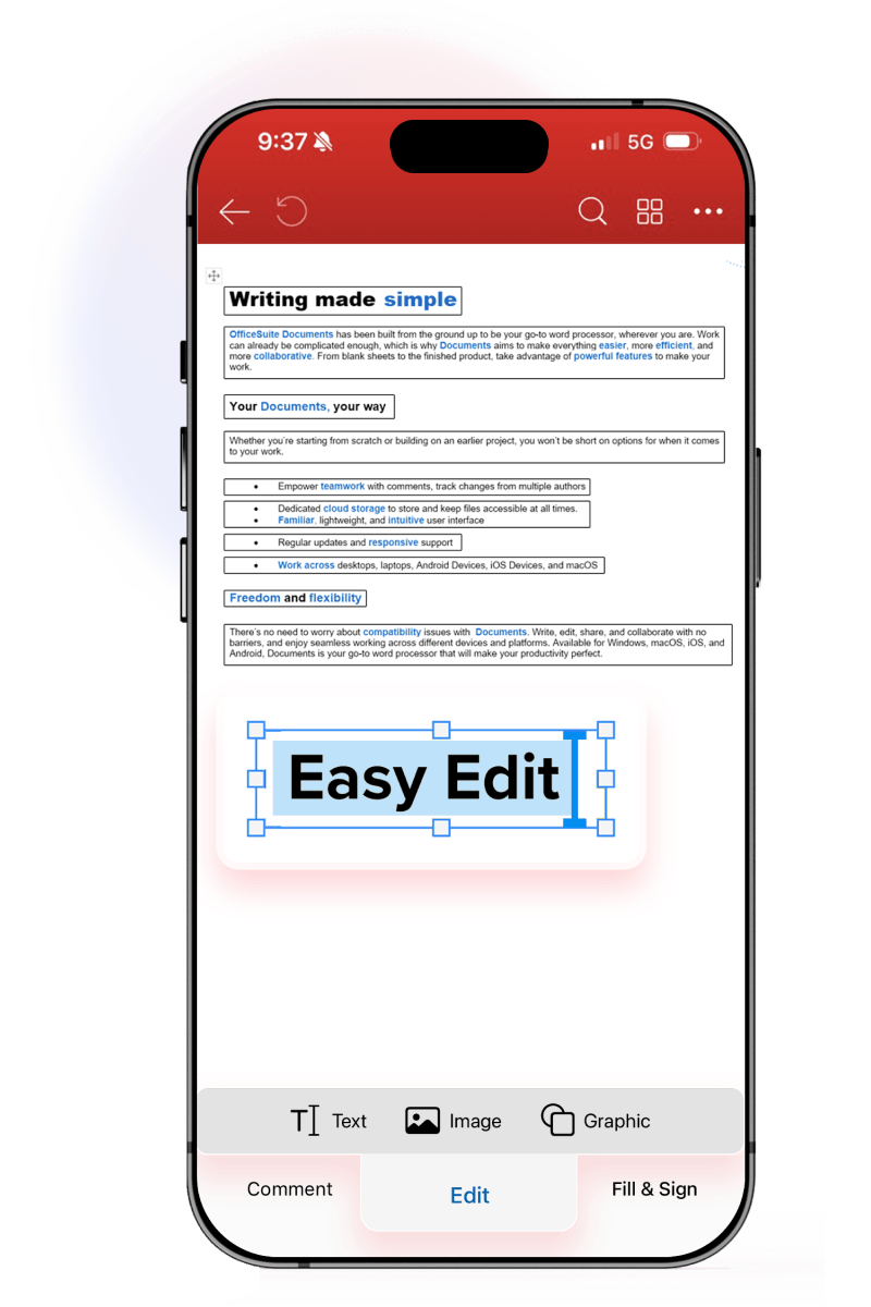 Smartphone displaying an editing app with text features. Screen shows editing options like text, image, and graphic. Highlighted text: "Easy Edit." Words describe flexibility, collaboration, and compatibility in document creation.