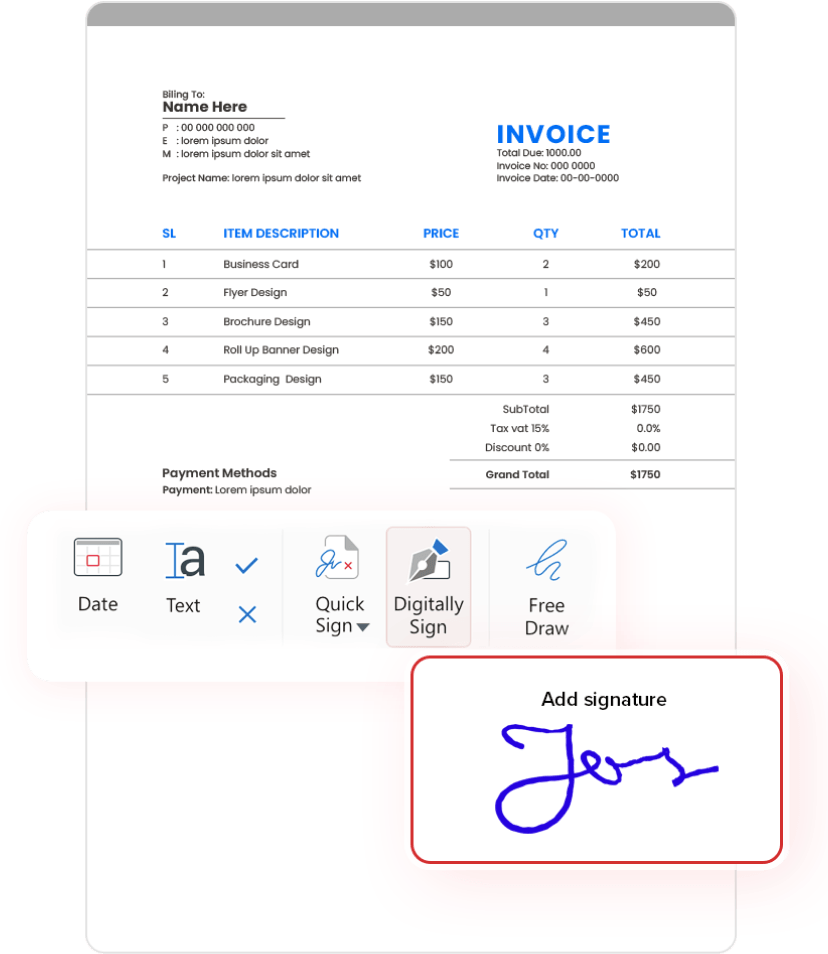 An invoice template displays a billing address, payment options including text, quick sign, digital sign, and free draw, with a blue handwritten signature in a designated area.