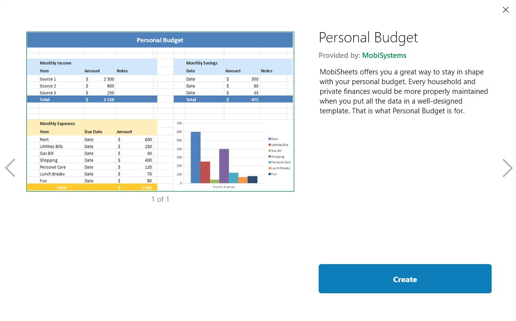 MobiSheets ready-to-use personal budget template.