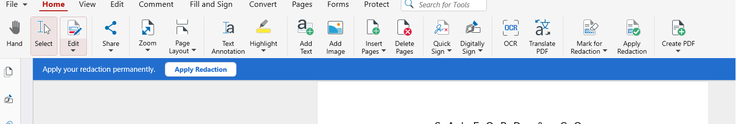 MobiPDF toolbar with a blue banner prompting the user to apply marked redactions permanently