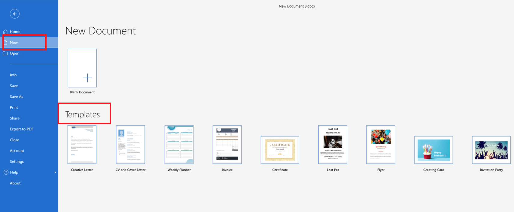 MobiDocs New Document screen showing the built-in template gallery