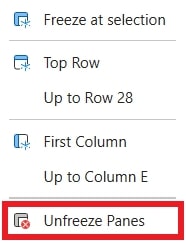 Excel dropdown menu from 'Freeze Panes' showing the 'Unfreeze Panes' option highlighted.