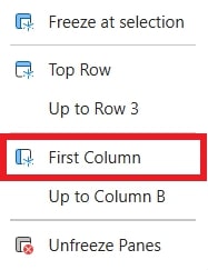 Excel dropdown menu from 'Freeze Panes' showing 'First Column' option highlighted.