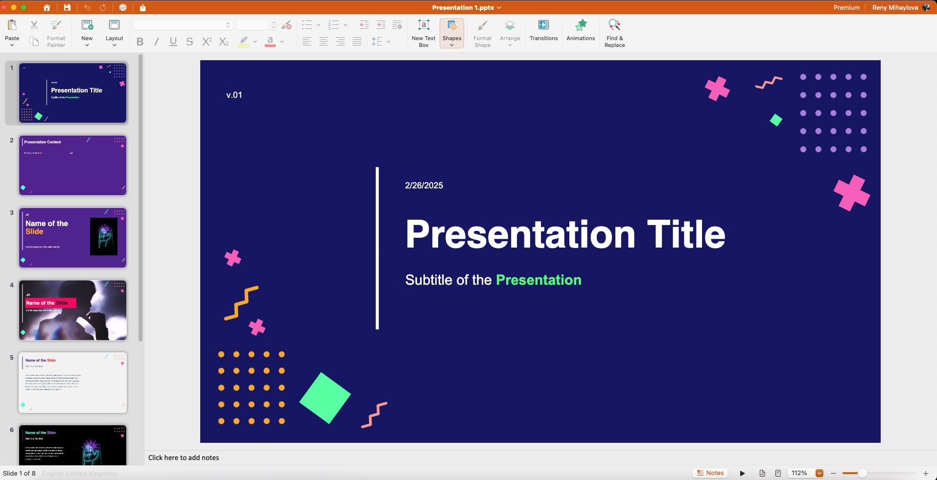 "Presentation 1.pptx" is open in MobiSlides, showing a dark blue slide with geometric shapes.